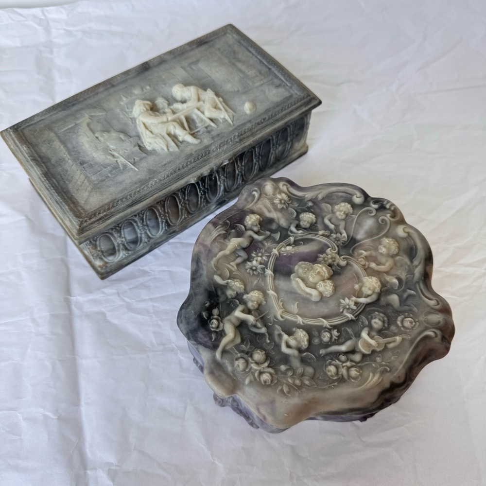 Incolay Stone Hinged Jewelry Box Trinket Angel Floral Vintage USA Embellished